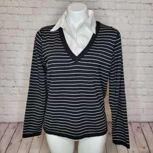 Carolyn Taylor Black and White Stripe Sweater with White Collared Shirt Size L